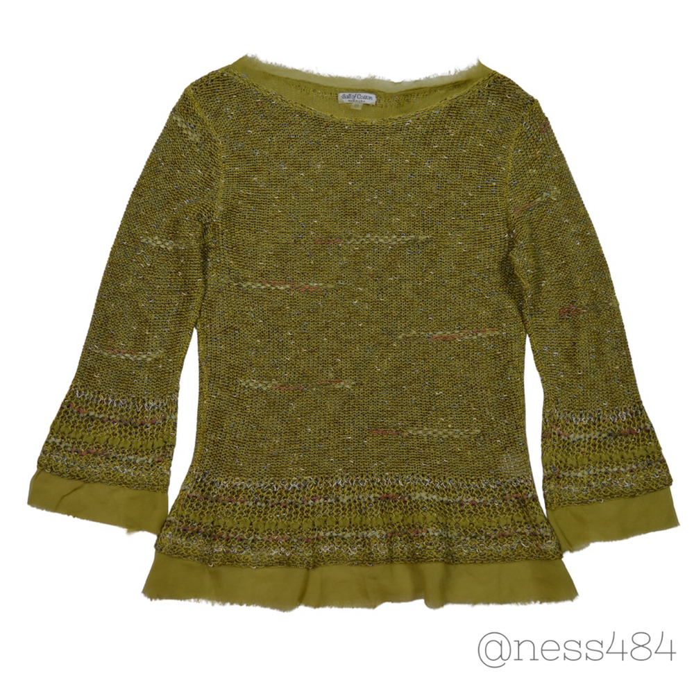 Ball of Cotton Olive‎ Green Knit Bell Sleeve Peasant Top Women's Medium